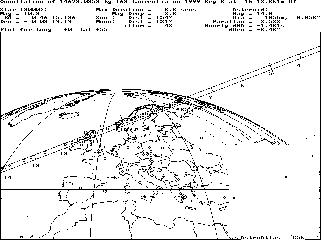Updated path location for (162) Laurentia on September 7/8, 1999 - Europe