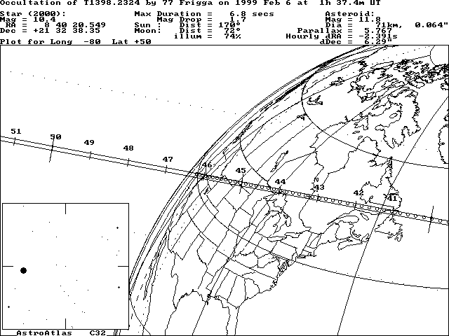 North America - Updated path location for (77) Frigga on February 5/6, 1999